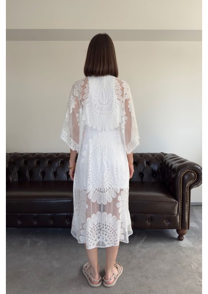 Traspran Premium Makrome Kimono- Beyaz