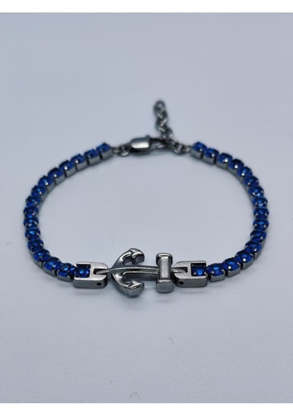 Erkek Çapa Motifli Parlak Lacivert Zirkon Taşlı Ayarlanabilir 18+3cm Çelik Bileklik fiyatları