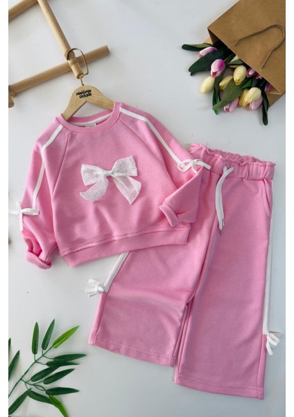 Fiyonk Taş Detaylı Kız Çocuk 2 li takım - Pembe