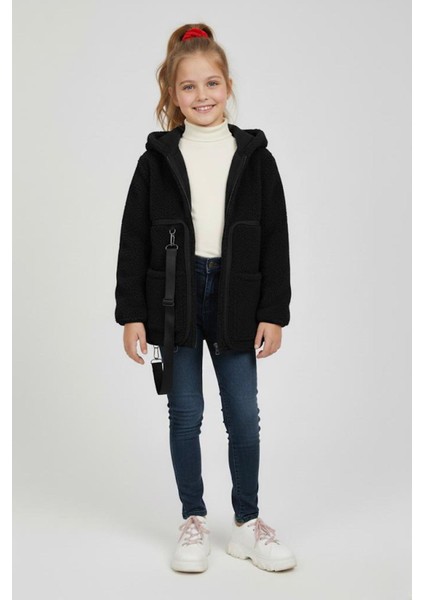 Sırt Çantasına Dönüşebilen Peluş Unisex çocuk mont - Siyah