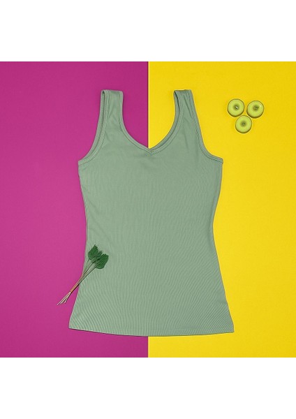 Kadın Atlet Sütyenli V Yaka Modal 1 Adet Yeşil Renk Pedli Atlet-Bluz-T-Shirt (Kota)