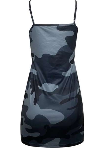 Kadın Kolsuz Ip Askılı Kamuflaj Baskılı Viskon Elbise