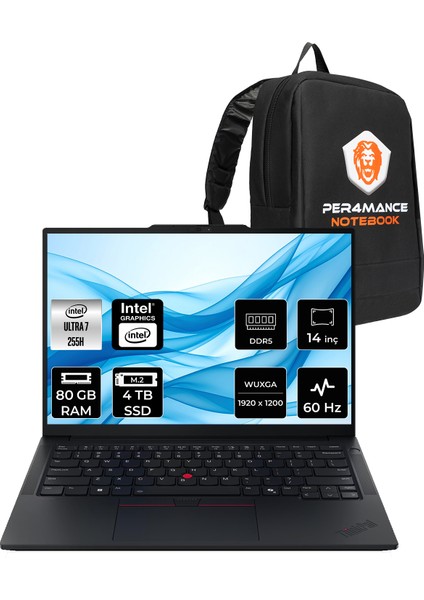 Thinkpad E14 Gen 7 Intel Core Ultra 7 255H 80GB 4tb SSD 14" Fhd+ Fdos Taşınabilir Bilgisayar & Per4 Çanta 21SX007CTXP340