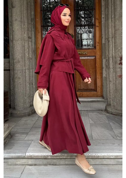 Pelerinli ve Kemerli Ceket Etek Tesettür Ikili Takım P-00018944