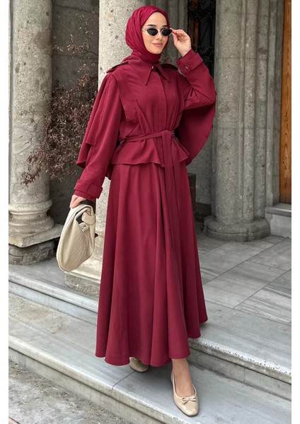 Pelerinli ve Kemerli Ceket Etek Tesettür Ikili Takım P-00018944 fırsatları