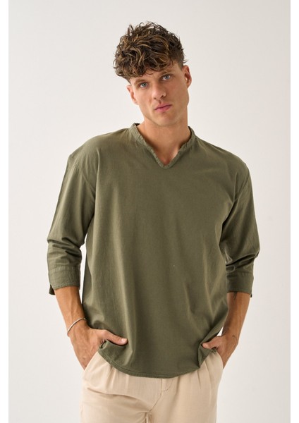 Erkek Fakir Kol V Yaka Rahat Kalıp %100 Pamuk Gömlek E236