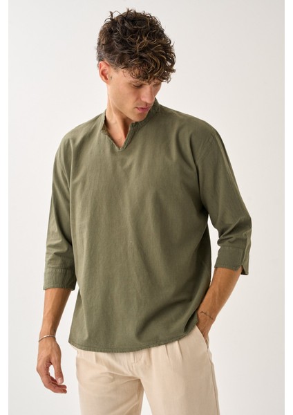 Erkek Fakir Kol V Yaka Rahat Kalıp %100 Pamuk Gömlek E236
