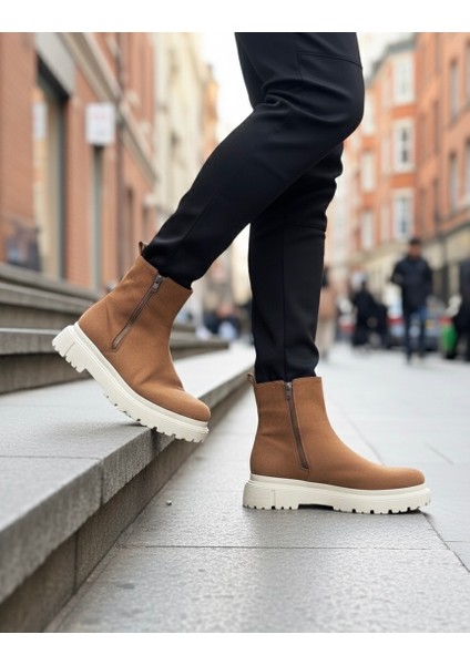 Fermuarlı Erkek Klasik Bot Taba Süet (Krem Taban)