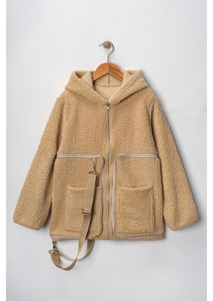 Sırt Çantasına Dönüşebilen Peluş Unisex çocuk mont - Bej