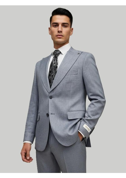 Gri Melanj Açık Mavi Kruvaze Takım Elbise – Modern Fit