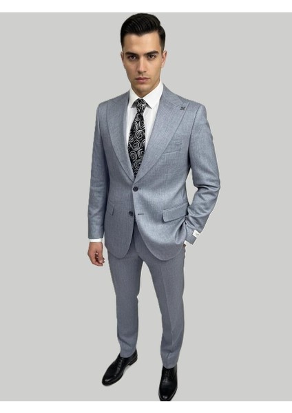 Gri Melanj Açık Mavi Kruvaze Takım Elbise – Modern Fit modelleri