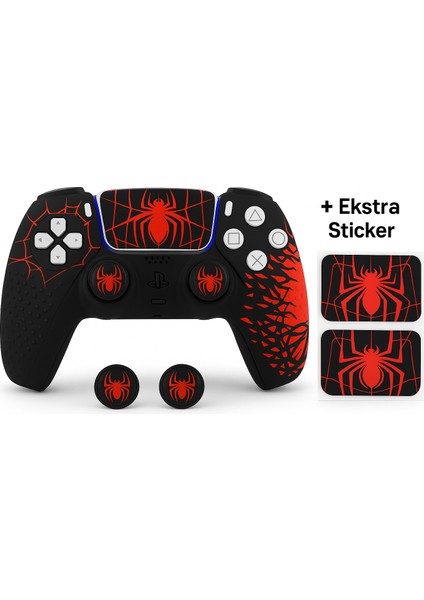 Ps5 Dualsense Joystick Koruyucu Silikon Kılıf + 2 Adet Analog Başlık + 2 Adet Sticker – Yüksek Kaliteli ,şık Spider Desenli Kaplama