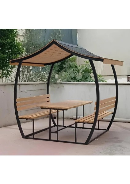 Japon Çatı Ahşap Kamelya Çardak 8 Kişilik Bahçe Masası