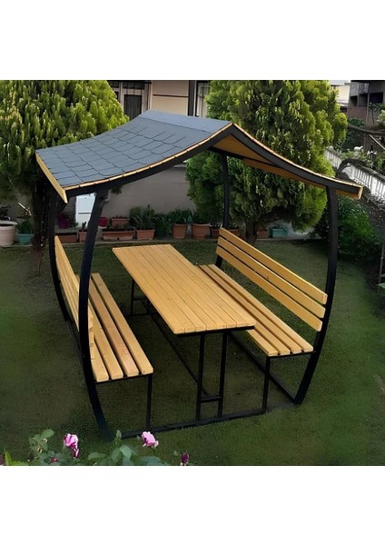 Japon Çatı Ahşap Kamelya Çardak 8 Kişilik Bahçe Masası