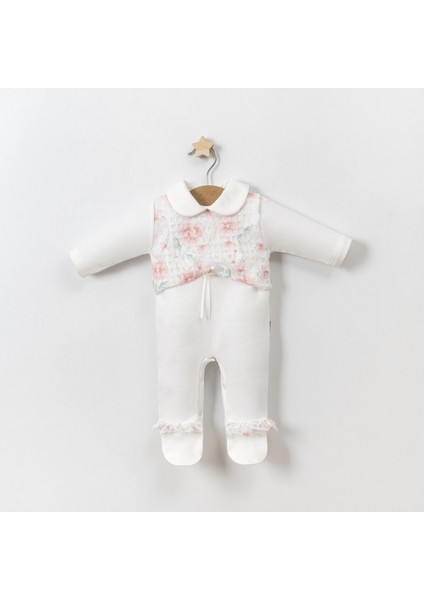 Baskılı Gül Detaylı Dantelli Kız Bebe Tulum