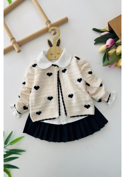 Kalp Desenli Triko Hırkalı Pileli Etekli 3 Lü Kız Takımı - Siyah fiyatları