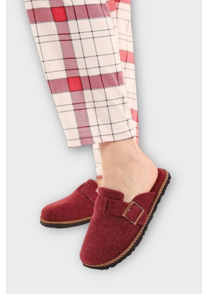 Tokalı Keçe Kumaşlı Ev Terliği Bordo