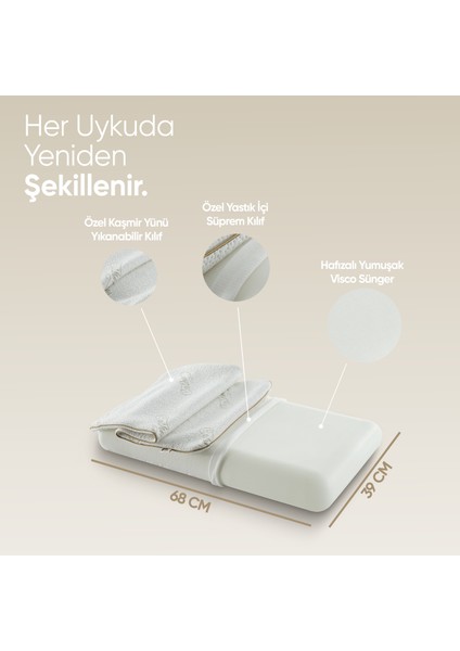 Kaşmir Visco Yastık - Özel Büyük Boy Cashmere Uyku Yastığı - [ortopedik] Kaşmir Kumaş Visko Yastık