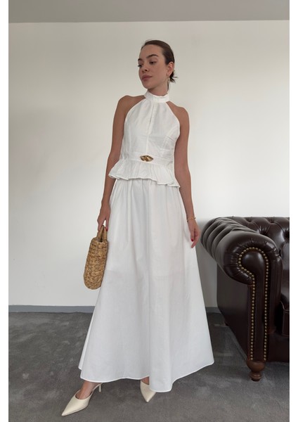 Gold Broşlu Premium Etekli Takım- Beyaz