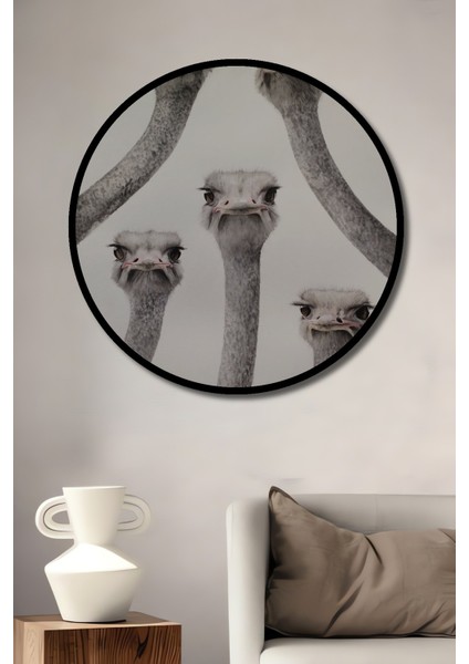 Dekoratif Ahşap Yuvarlak Çerçeve Görünümlü Tablo Merhaba Devekuşu