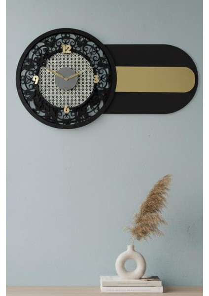 Hazeran Detaylı Dekoratif Nera Duvar Saati 70X40 Siyah-Altın