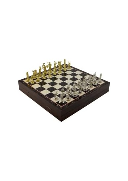 Orta Boy Metal Yunan Satranç Takımı Parlak ve Ceviz Desenli Sandıklı Mdf Tahtası (36X36X6 Cm.) fiyatları