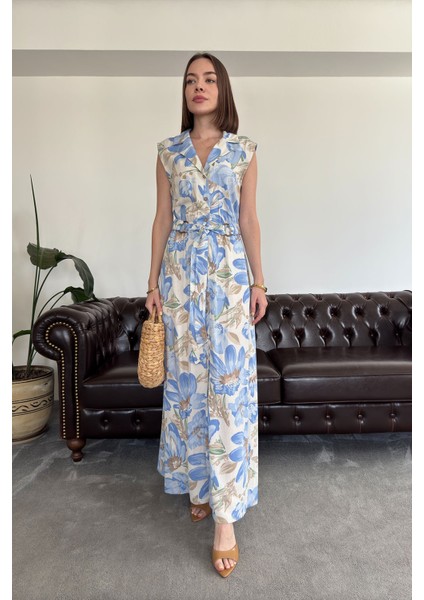 Doğa Çağrısı - Gömlek Yaka Düğmeli Kemerli Keten Elbise- Mavi