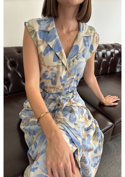 Doğa Çağrısı - Gömlek Yaka Düğmeli Kemerli Keten Elbise- Mavi