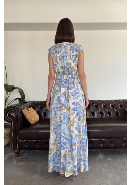 Doğa Çağrısı - Gömlek Yaka Düğmeli Kemerli Keten Elbise- Mavi