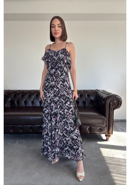 Kayık Yaka Fırfırlı Özel Şifon Elbise- Siyah