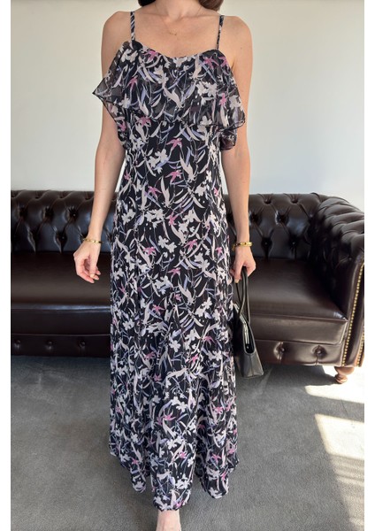 Kayık Yaka Fırfırlı Özel Şifon Elbise- Siyah