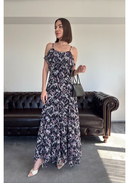 Kayık Yaka Fırfırlı Özel Şifon Elbise- Siyah