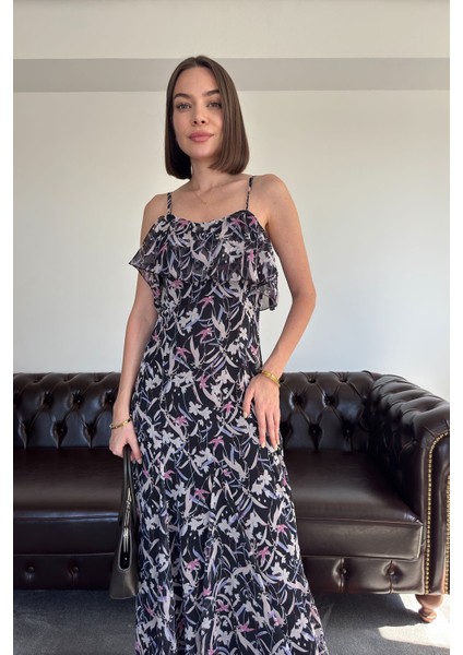 Kayık Yaka Fırfırlı Özel Şifon Elbise- Siyah