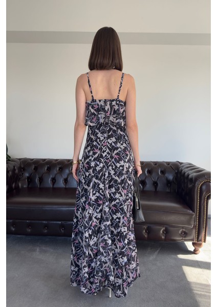 Kayık Yaka Fırfırlı Özel Şifon Elbise- Siyah