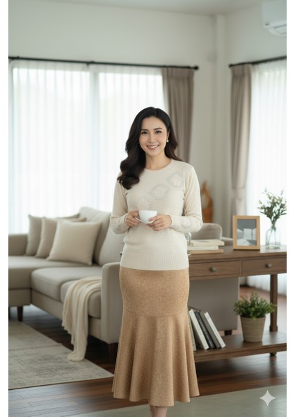 Kadın Kışlık Demet Motifli Boncuklu ve Taşlı Dar Kesim Likralı Kardelen Dokuma Genç Anne Triko Kazak fırsatları