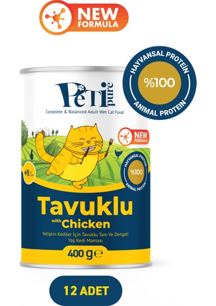 Tavuklu Yaş Konserve Yetişkin Kedi Maması, Jöle Içinde Parça Etli, 400 gr x 12 Adet