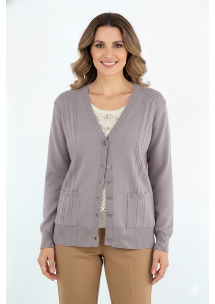 Kadın Kışlık Örgü Desenli Düğmeli Çift Cepli Uzun Kollu Normal Kesim Likralı Kardelen Dokuma Anne Hırka fırsatları