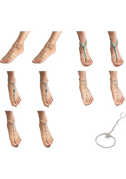 Avrupa ve Amerikan Taklit Inci Elastik Ip Ayak Bileği Bileziği Elmas Deniz Yıldızı Boncuklu Yapay Elmas Ayak Süsleri Mavi Turkuaz Set Süsler (Yurt Dışından)