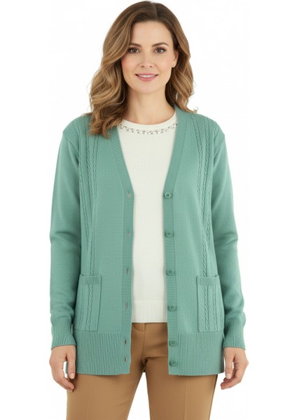 Kadın Kışlık Örgü Desenli Düğmeli Çift Cepli Uzun Kollu Normal Kesim Likralı Kardelen Dokuma Anne Hırka