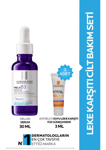 Leke Karşıtı Mela Cilt Bakım Seti Mela B3 Serum 30 ml & Anthelios Anti Dark Spot Güneş Kremi 3 ml x 3