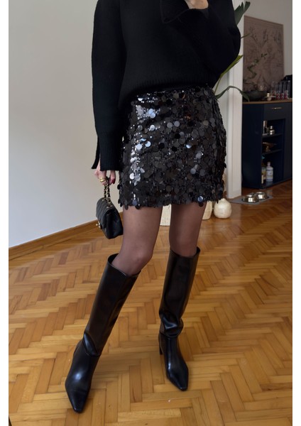 Pul Payetli Premium Etek- Siyah