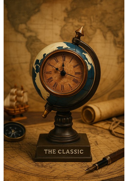 biton vintage dünya küresi tasarımlı polyester masa saati – ofis ve ev ıçin şık antika model 19 cm-m