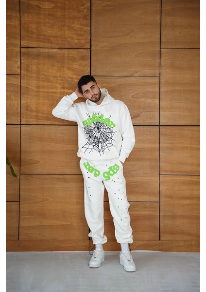 Erkek Kapüşonlu Eşofman Takım Örümcek Ağı ve Neon Yeşil Baskılı Kanguru Cepli Oversize Rahat Kalıp, Premium Üç Iplik Kumaş - Beyaz fiyatları