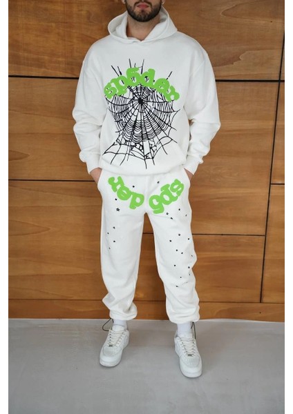 Erkek Kapüşonlu Eşofman Takım Örümcek Ağı ve Neon Yeşil Baskılı Kanguru Cepli Oversize Rahat Kalıp, Premium Üç Iplik Kumaş - Beyaz modelleri