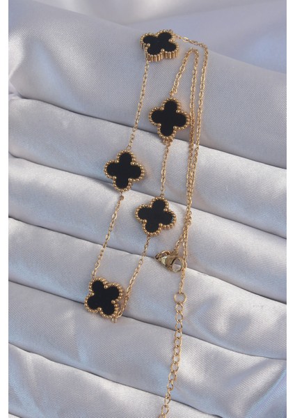 316L Çelik Gold Renk Siyah Mineli Yonca Kolye - TJ-BKO8998 fırsatları