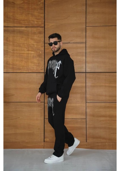 Erkek Premium Taş Baskılı Eşofman Takım Revenge Model (Siyah) Kapüşonlu Üst + Taşlı Baskılı Alt Modern Streetwear Tarzı Oversize Rahat Kalıp 3 Iplik Pamuklu - Siyah fırsatları