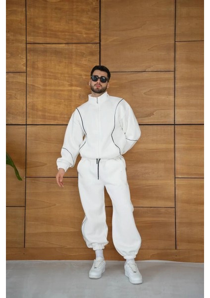 Erkek Premium Parçalı Eşofman Takım - Dik Yaka Fermuarlı Biyeli Sweatshirt Lastik Paça Alt, Oversize 3 Iplik Şardonlu - Beyaz indirimleri