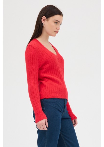 Kırmızı V Yaka Triko Kadın Kazak 2217 modelleri