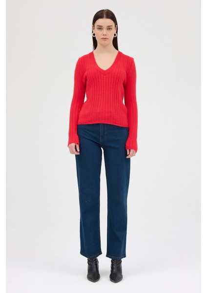 Kırmızı V Yaka Triko Kadın Kazak 2217 fırsatları