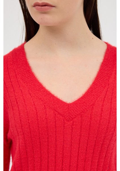 Kırmızı V Yaka Triko Kadın Kazak 2217 indirimleri